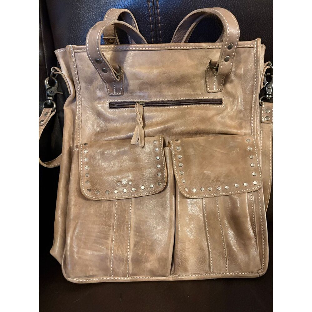 Never Mind! Genuine Leather Western Tote Bag Studded Concealed Carry Purse Tan